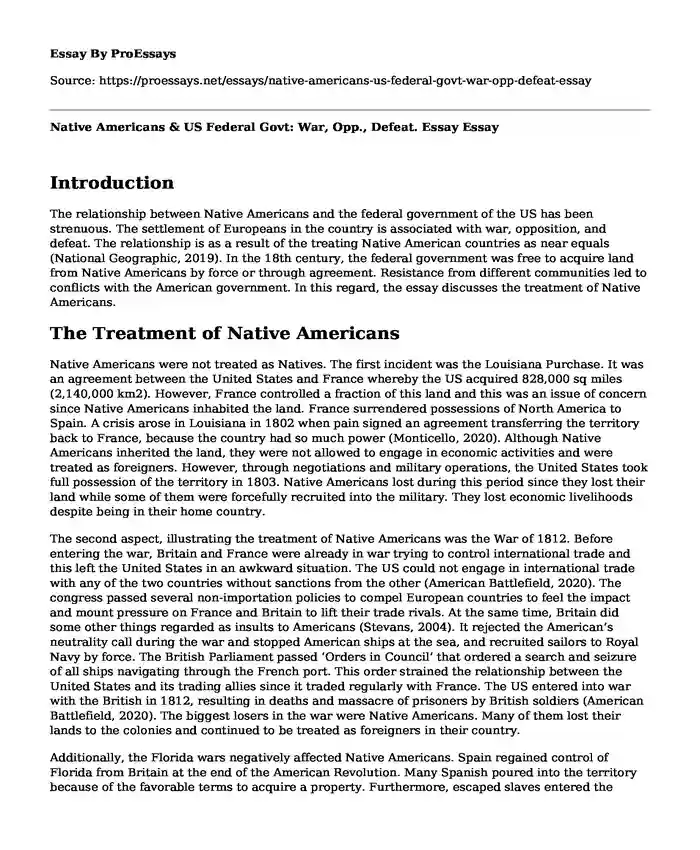 Native Americans & US Federal Govt: War, Opp., Defeat. Essay