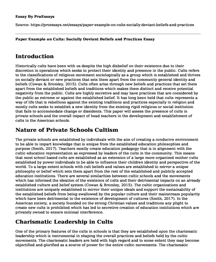 Paper Example on Cults: Socially Deviant Beliefs and Practices