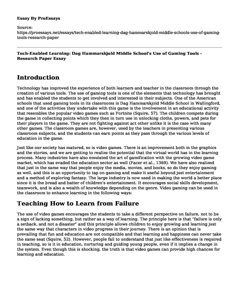 Tech-Enabled Learning: Dag Hammarskjold Middle School's Use of Gaming Tools - Research Paper