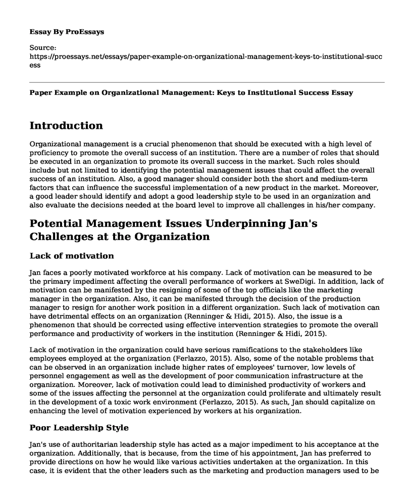 Paper Example on Organizational Management: Keys to Institutional Success