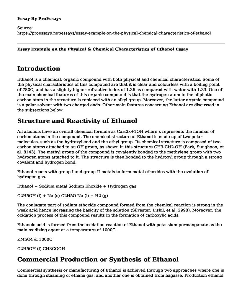 Essay Example on the Physical & Chemical Characteristics of Ethanol