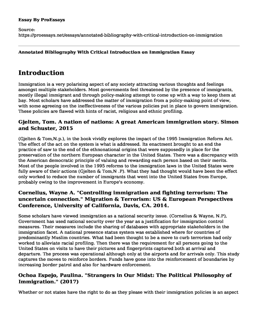 Annotated Bibliography With Critical Introduction on Immigration 