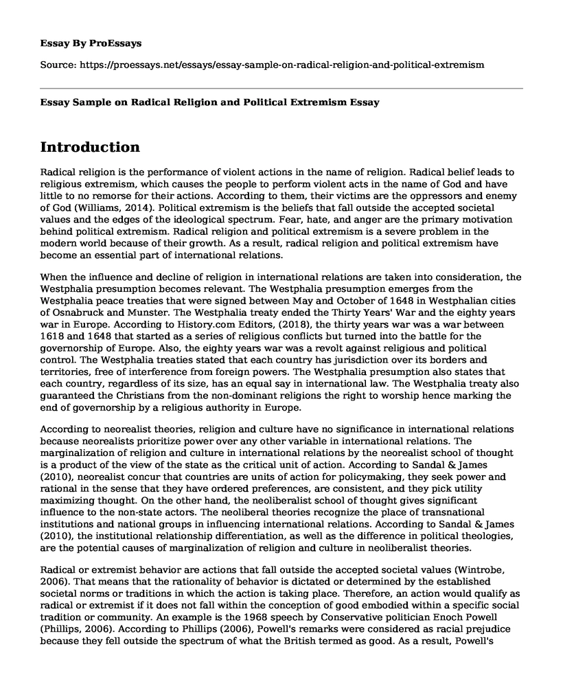 Essay Sample on Radical Religion and Political Extremism