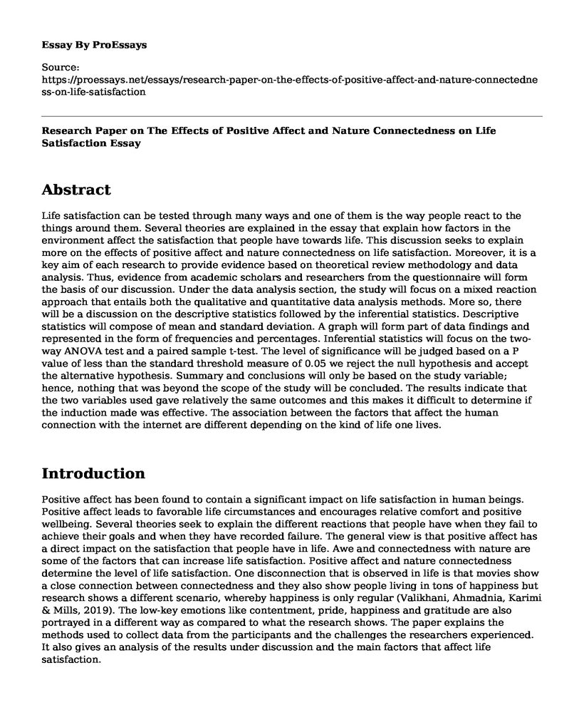 Research Paper on The Effects of Positive Affect and Nature Connectedness on Life Satisfaction
