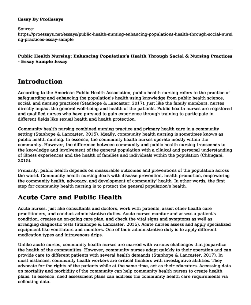 Public Health Nursing: Enhancing Population's Health Through Social & Nursing Practices - Essay Sample