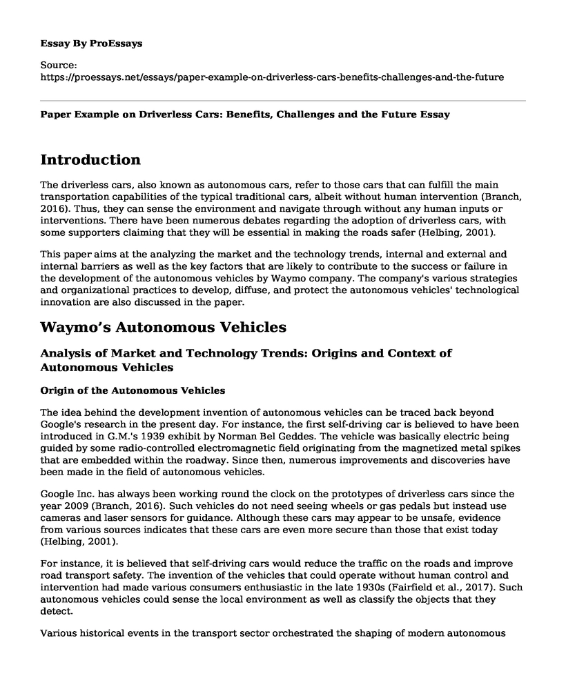 Paper Example on Driverless Cars: Benefits, Challenges and the Future