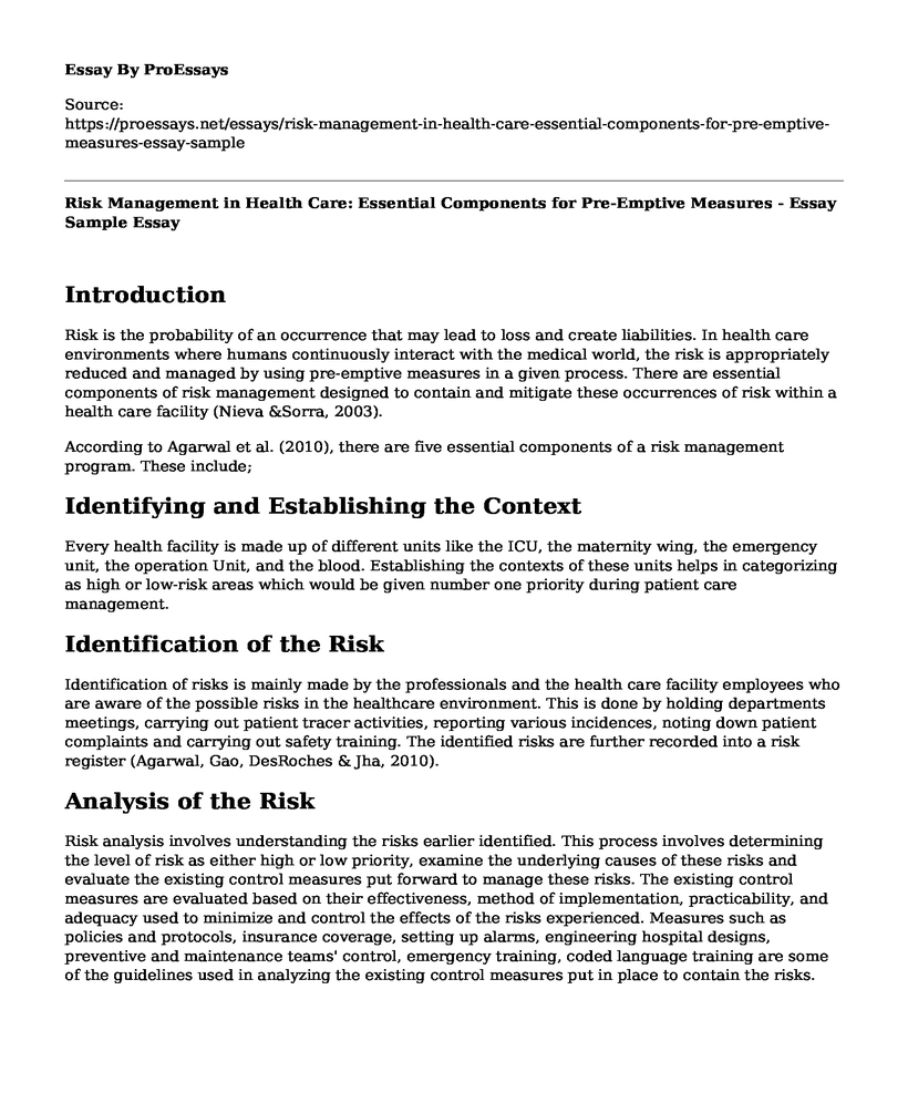 Risk Management in Health Care: Essential Components for Pre-Emptive Measures - Essay Sample