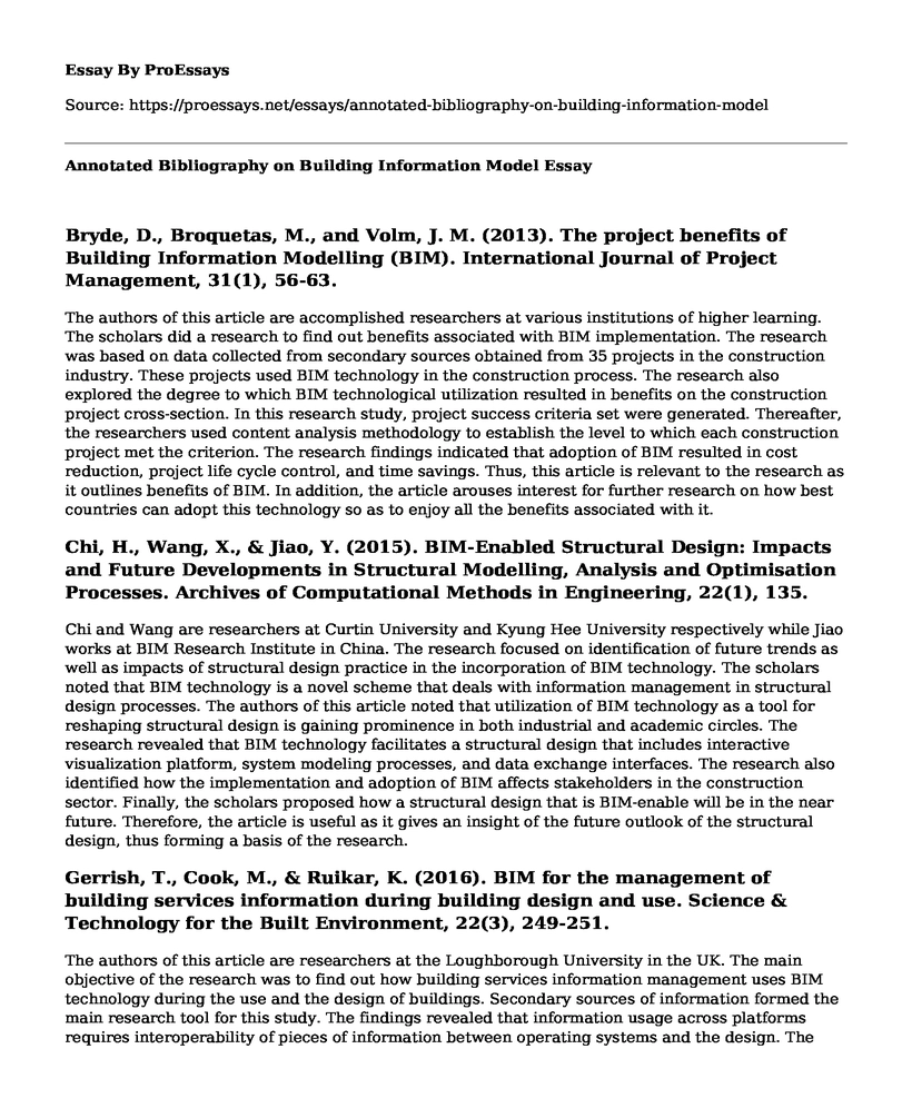 Annotated Bibliography on Building Information Model
