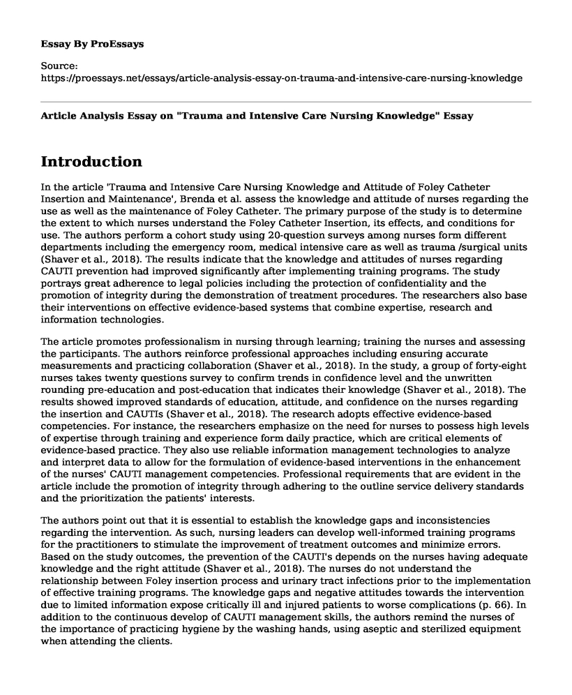 Article Analysis Essay on "Trauma and Intensive Care Nursing Knowledge"
