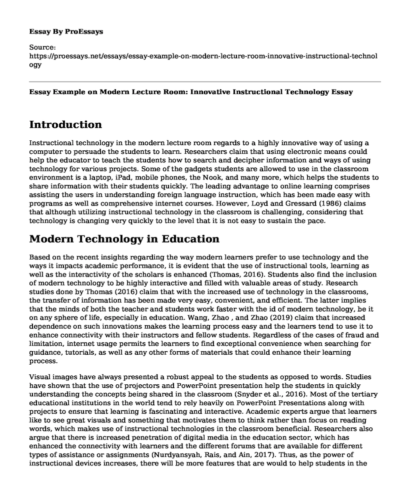 Essay Example on Modern Lecture Room: Innovative Instructional Technology