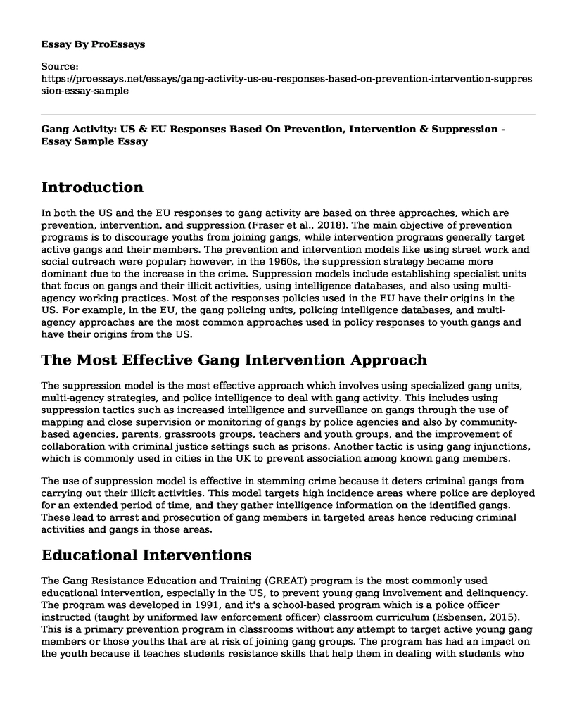 Gang Activity: US & EU Responses Based On Prevention, Intervention & Suppression - Essay Sample