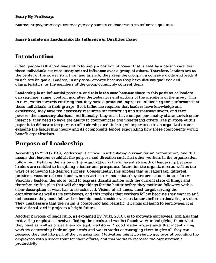 Essay Sample on Leadership: Its Influence & Qualities