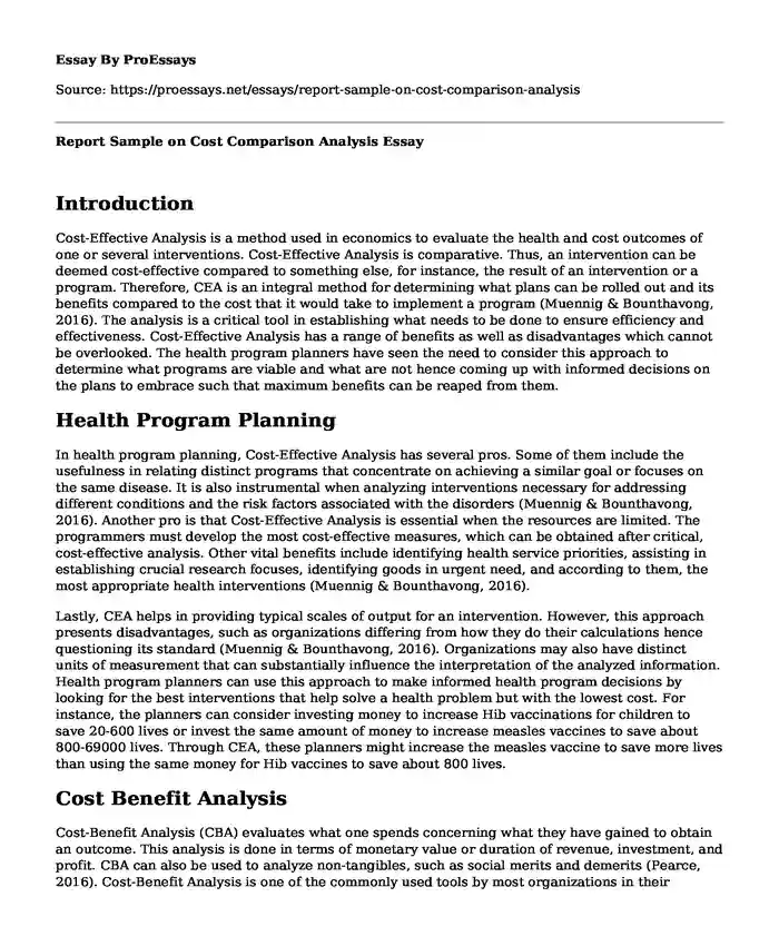 Report Sample on Cost Comparison Analysis