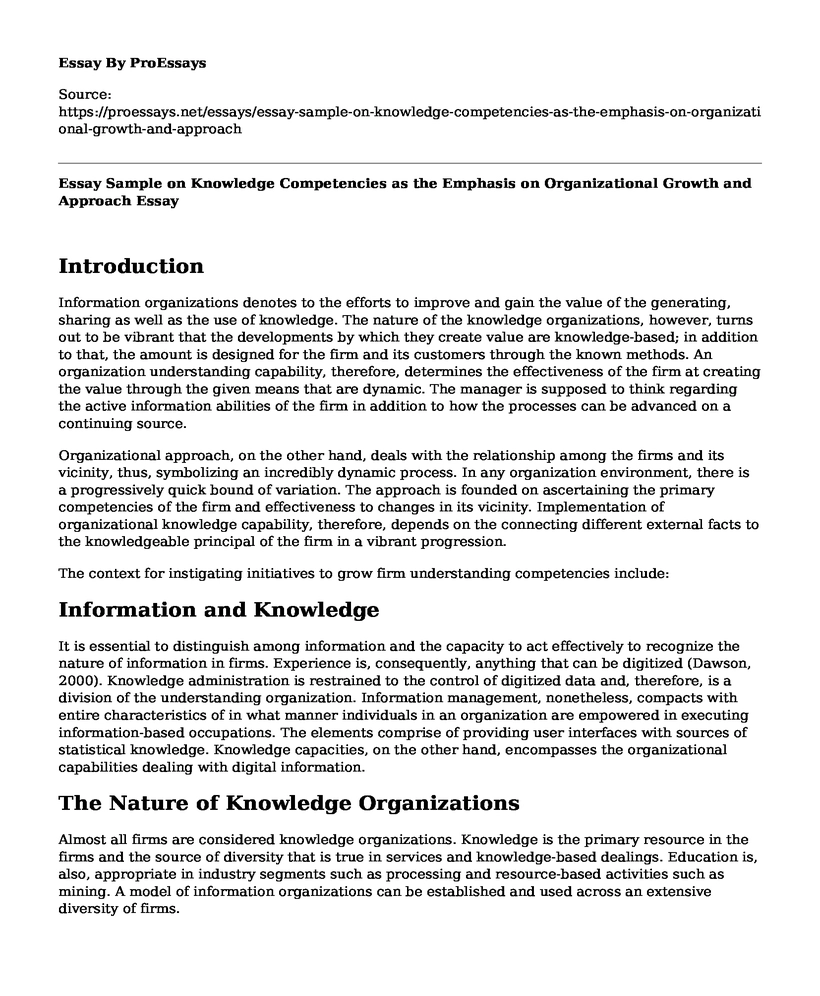 Essay Sample on Knowledge Competencies as the Emphasis on Organizational Growth and Approach