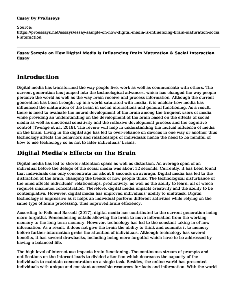 Essay Sample on How Digital Media is Influencing Brain Maturation & Social Interaction