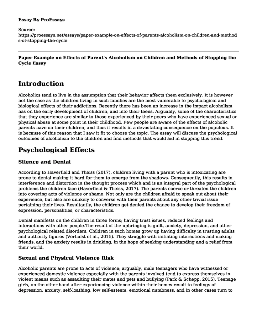 Paper Example on Effects of Parent's Alcoholism on Children and Methods of Stopping the Cycle