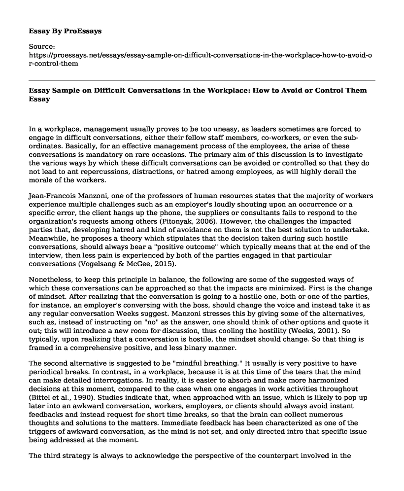 Essay Sample on Difficult Conversations in the Workplace: How to Avoid or Control Them