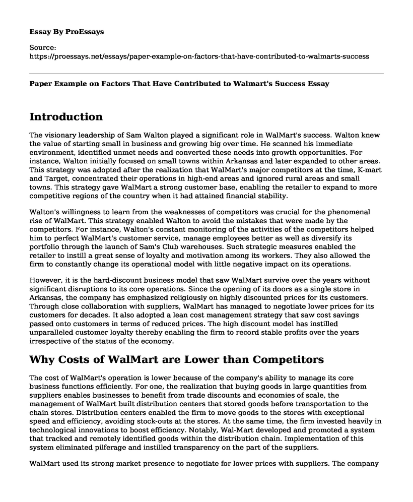 Paper Example on Factors That Have Contributed to Walmart's Success