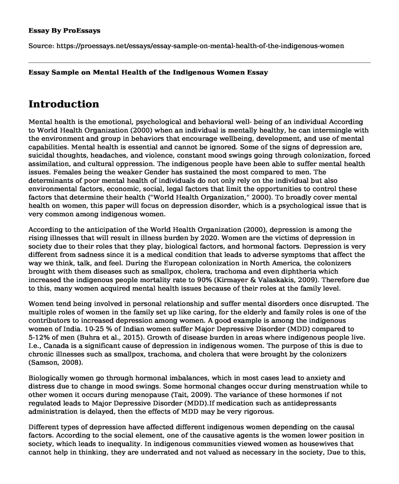 Essay Sample on Mental Health of the Indigenous Women