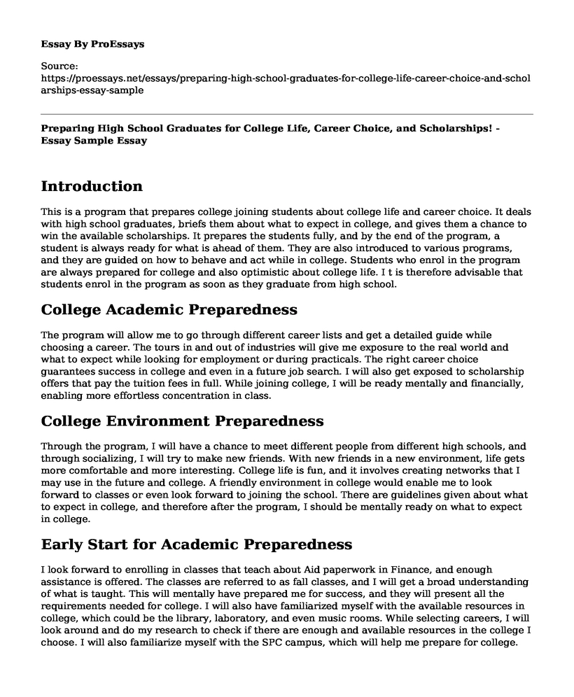 Preparing High School Graduates for College Life, Career Choice, and Scholarships! - Essay Sample
