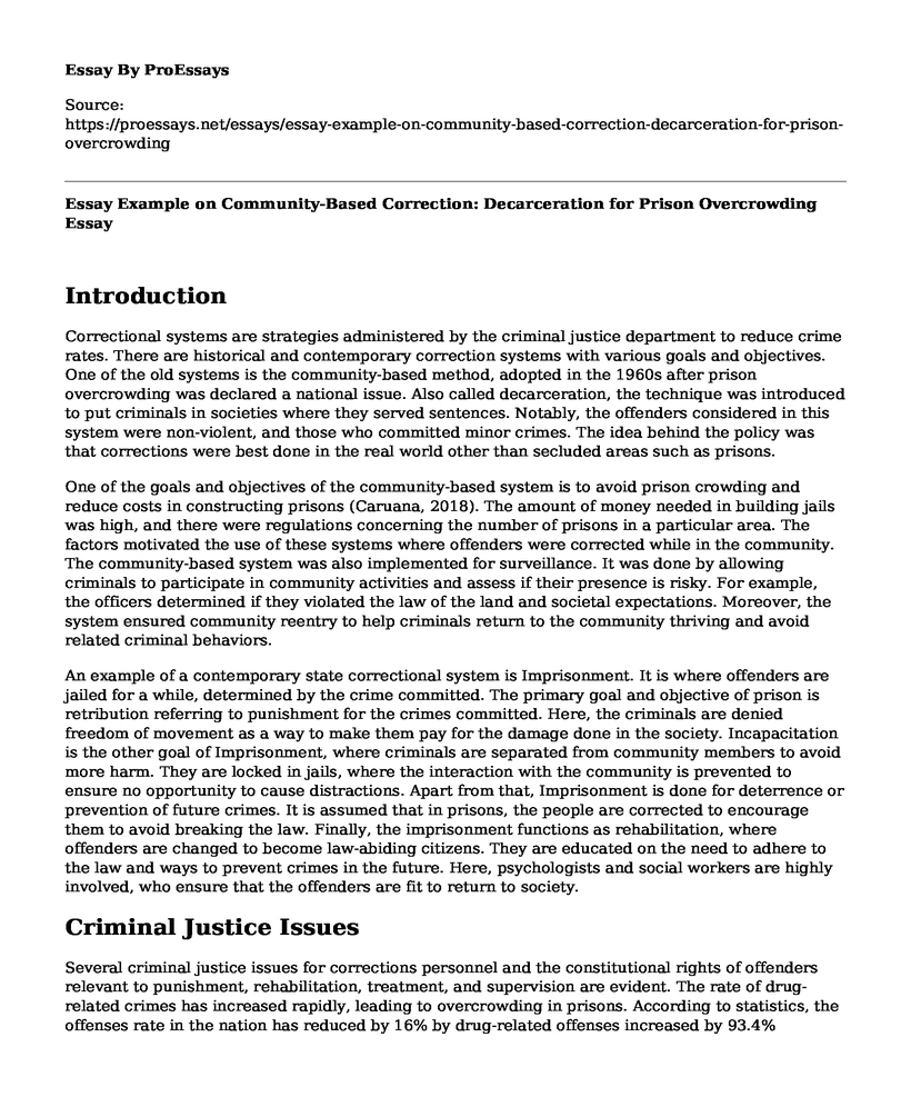 Essay Example on Community-Based Correction: Decarceration for Prison Overcrowding