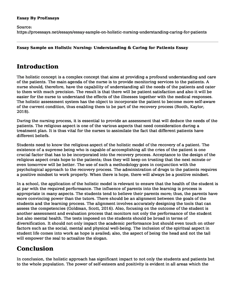 Essay Sample on Holistic Nursing: Understanding & Caring for Patients