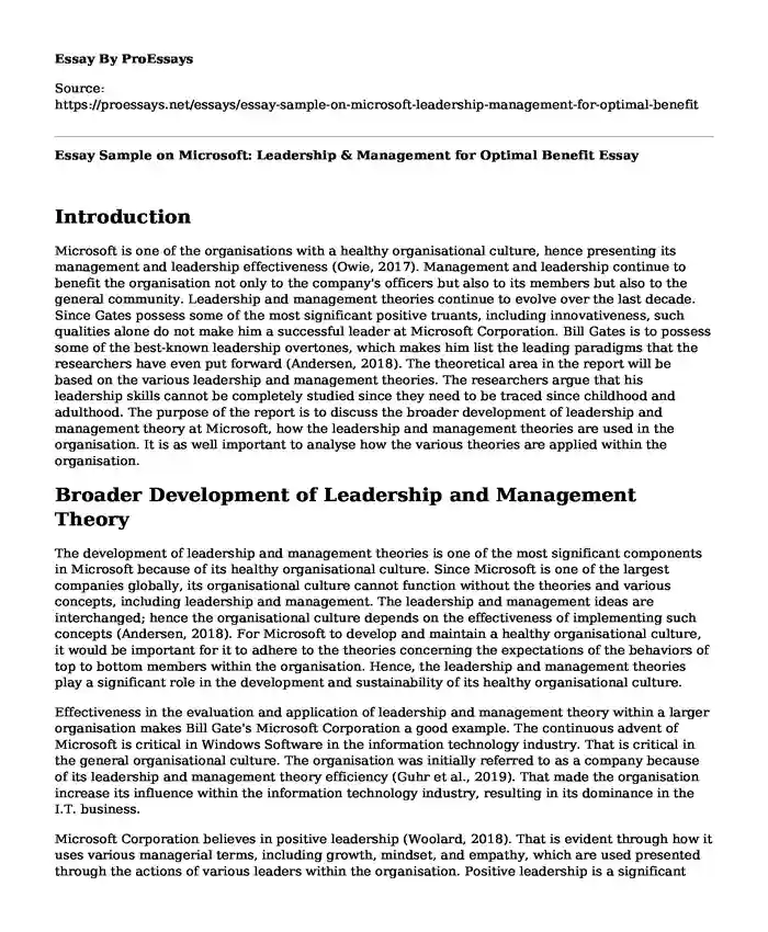 Essay Sample on Microsoft: Leadership & Management for Optimal Benefit