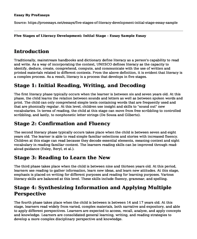 Five Stages of Literacy Development: Initial Stage - Essay Sample