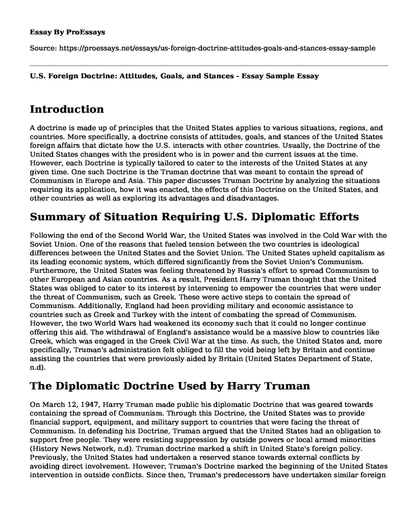 U.S. Foreign Doctrine: Attitudes, Goals, and Stances - Essay Sample