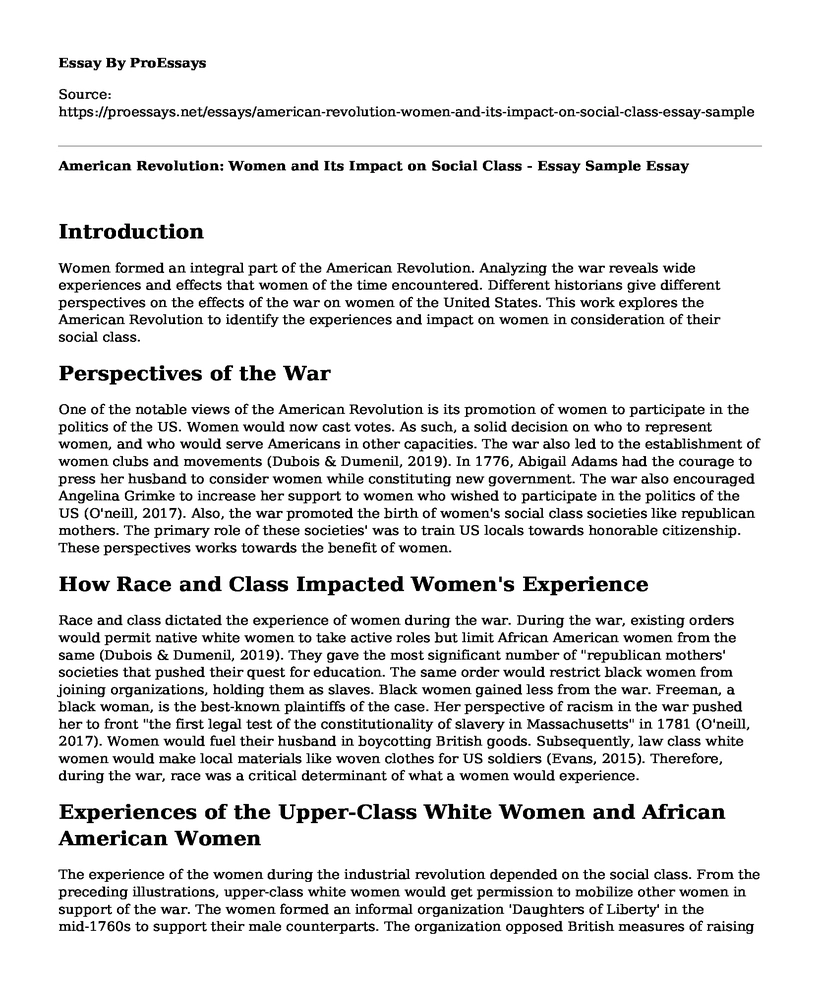 American Revolution: Women and Its Impact on Social Class - Essay Sample