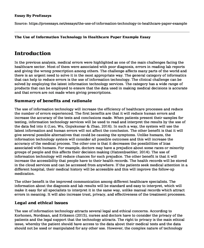 The Use of Information Technology in Healthcare Paper Example