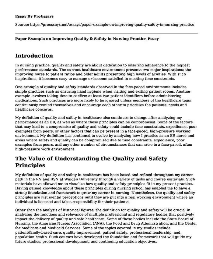 Paper Example on Improving Quality & Safety in Nursing Practice
