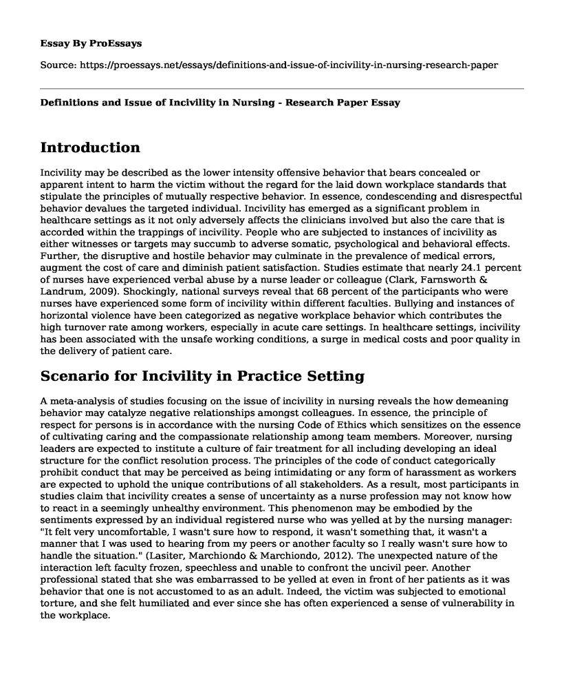 Definitions and Issue of Incivility in Nursing - Research Paper
