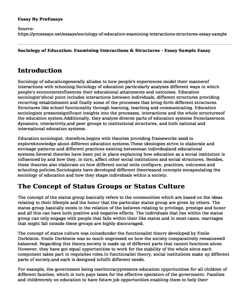 Sociology of Education: Examining Interactions & Structures - Essay Sample