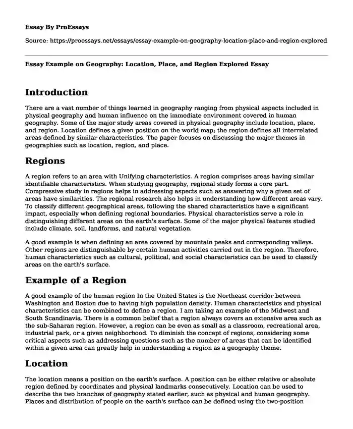 Essay Example on Geography: Location, Place, and Region Explored