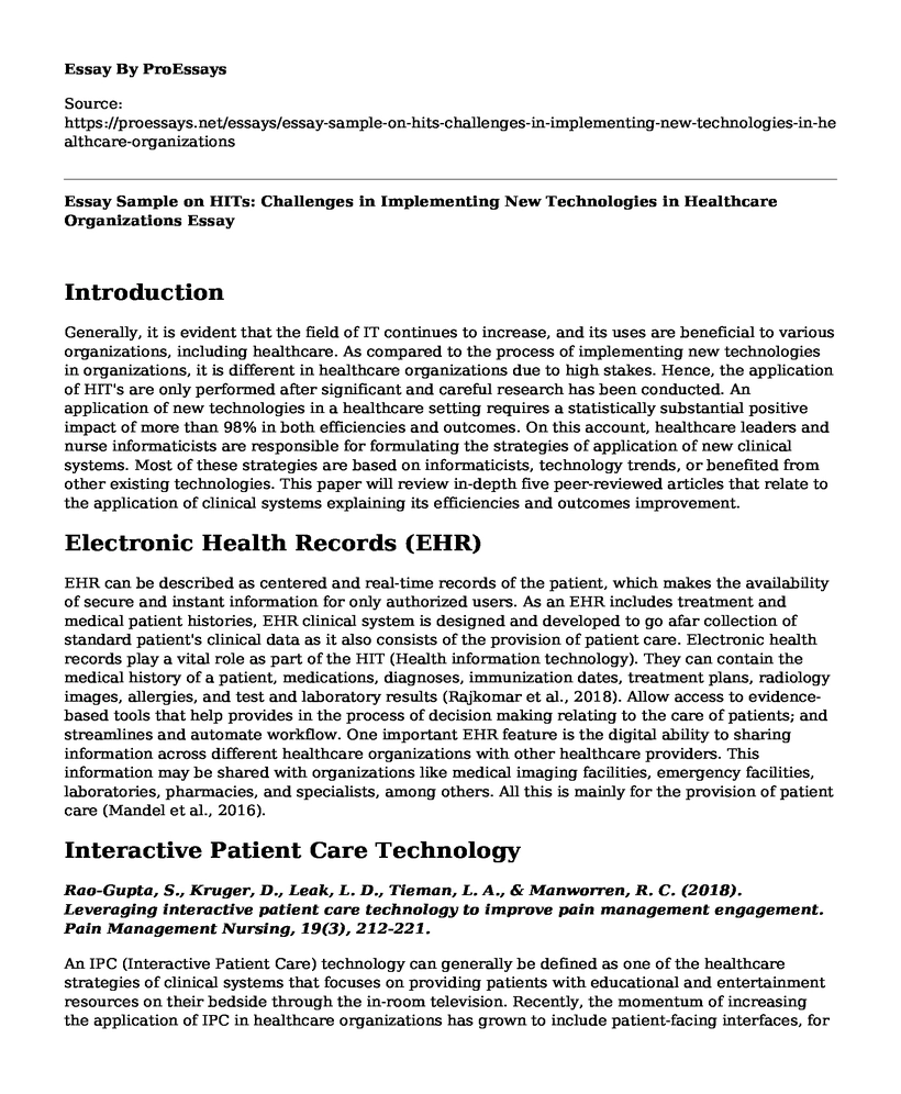 Essay Sample on HITs: Challenges in Implementing New Technologies in Healthcare Organizations