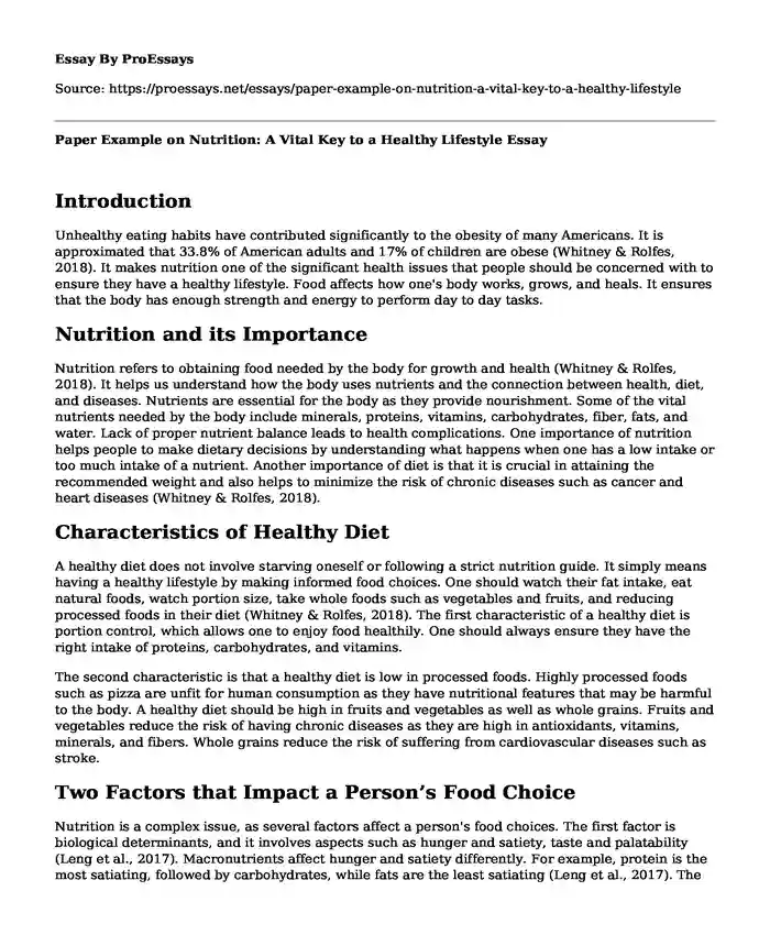 Paper Example on Nutrition: A Vital Key to a Healthy Lifestyle