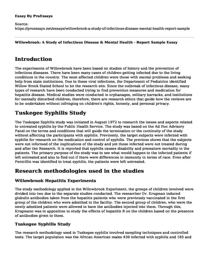 Willowbrook: A Study of Infectious Disease & Mental Health - Report Sample