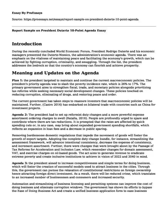 Report Sample on President Duterte 10-Point Agenda