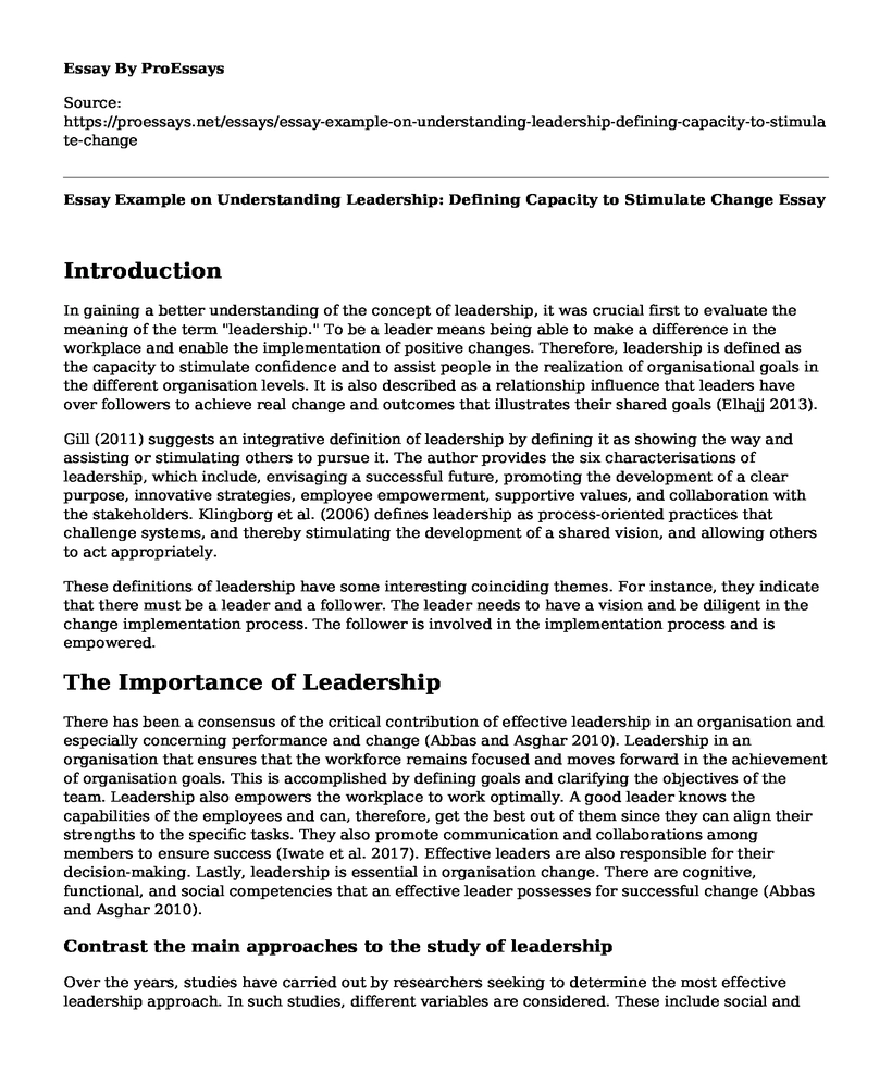 Essay Example on Understanding Leadership: Defining Capacity to Stimulate Change