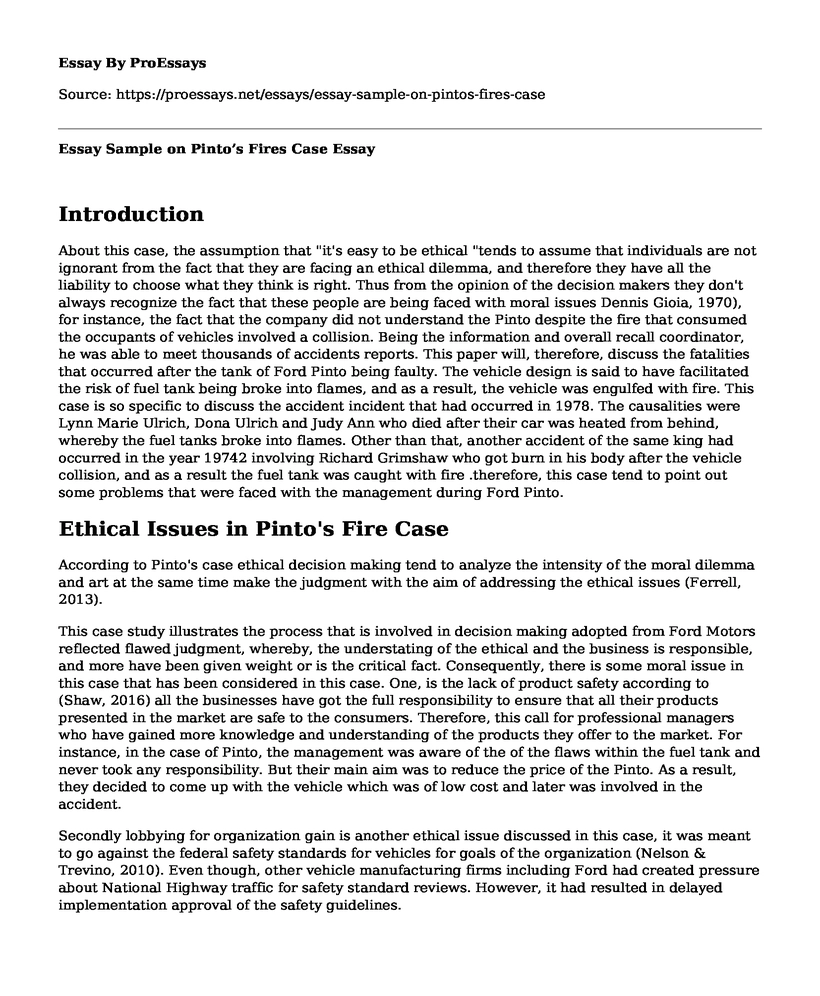 Essay Sample on Pinto's Fires Case
