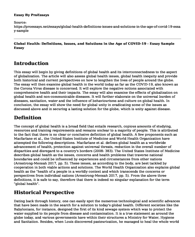 Global Health: Definitions, Issues, and Solutions in the Age of COVID-19 - Essay Sample