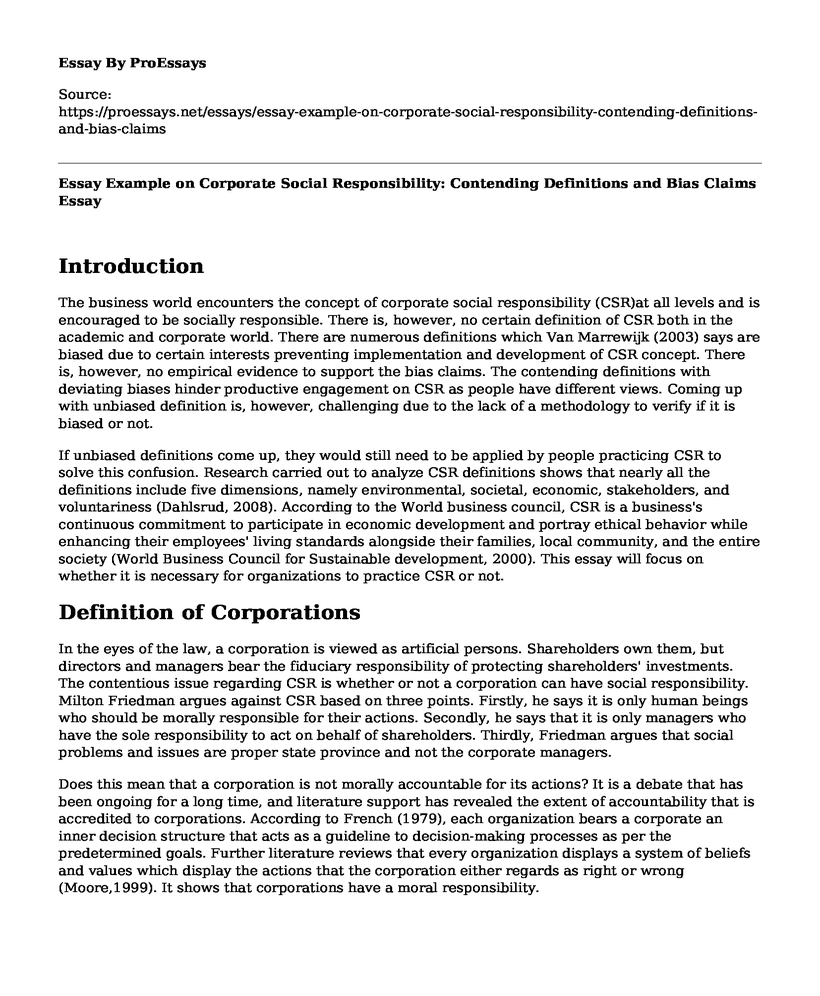 Essay Example on Corporate Social Responsibility: Contending Definitions and Bias Claims