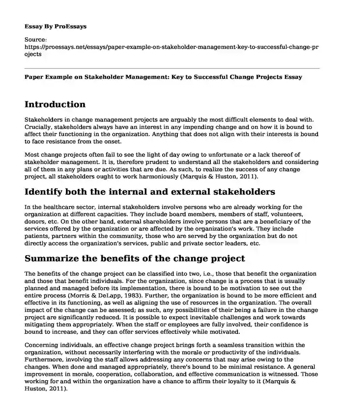 Paper Example on Stakeholder Management: Key to Successful Change Projects