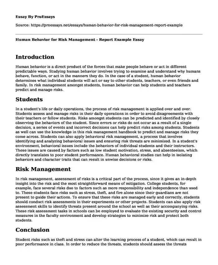 Human Behavior for Risk Management - Report Example