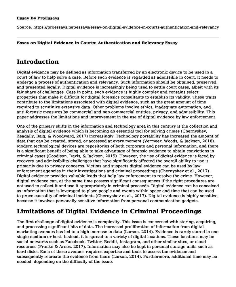 Essay on Digital Evidence in Courts: Authentication and Relevancy