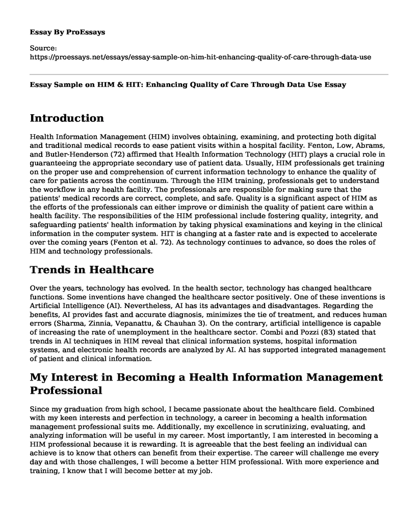 Essay Sample on HIM & HIT: Enhancing Quality of Care Through Data Use
