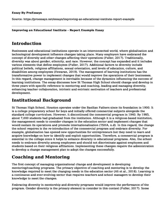 Improving an Educational Institute - Report Example