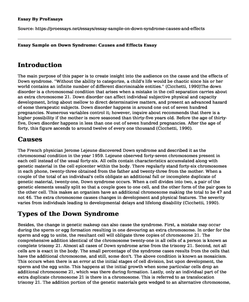 Essay Sample on Down Syndrome: Causes and Effects