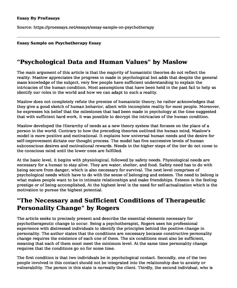 Essay Sample on Psychotherapy